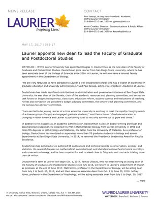 083-2017 : Laurier appoints new dean to lead the Faculty of Graduate and Postdoctoral Studies