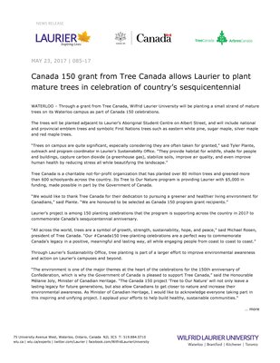 085-2017 : Canada 150 grant from Tree Canada allows Laurier to plant mature trees in celebration of country’s sesquicentennial