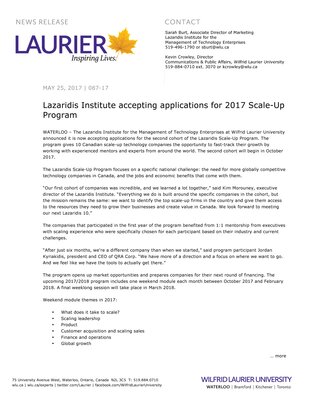 087-2017 : Lazaridis Institute accepting applications for 2017 Scale-Up Program