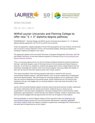 089-2017 : Wilfrid Laurier University and Fleming College to offer new “2 + 2” diploma-degree pathway