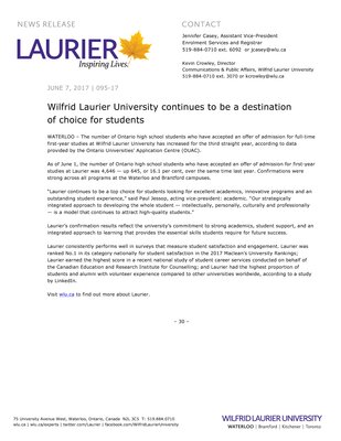 095-2017 : Wilfrid Laurier University continues to be a destination of choice for students