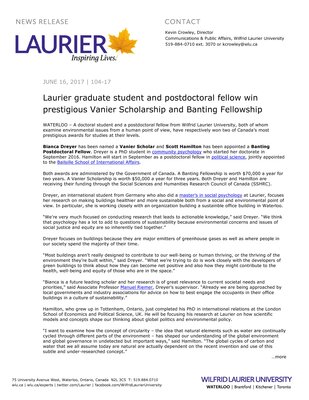 104-2017 : Laurier graduate student and postdoctoral fellow win prestigious Vanier Scholarship and Banting Fellowship