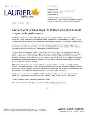 109-2017 : Laurier’s Arts Express camp for children with special needs stages public performance