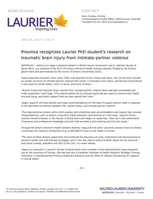 110-2017 : Province recognizes Laurier PhD student’s research on traumatic brain injury from intimate-partner violence