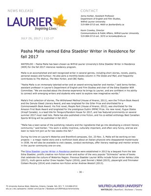 112-2017 : Pasha Malla named Edna Staebler Writer in Residence for fall 2017