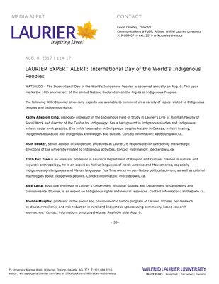 114-2017 : LAURIER EXPERT ALERT: International Day of the World's Indigenous Peoples