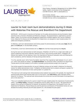 119-2017 : Laurier to host room burn demonstrations during O-Week with Waterloo Fire Rescue and Brantford Fire Department