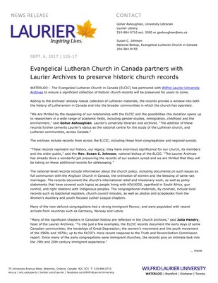 126-2017 : Evangelical Lutheran Church in Canada partners with Laurier Archives to preserve historic church records