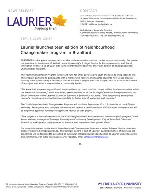 128-2017 : Laurier launches teen edition of Neighbourhood Changemaker program in Brantford