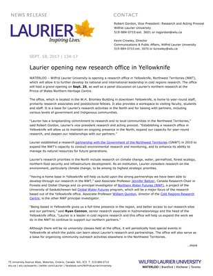 134-2017 : Laurier opening new research office in Yellowknife