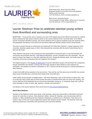 135-2017 : Laurier Stedman Prize to celebrate talented young writers from Brantford and surrounding area