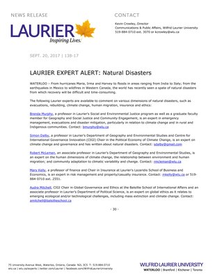 138-2017 : LAURIER EXPERT ALERT: Natural Disasters