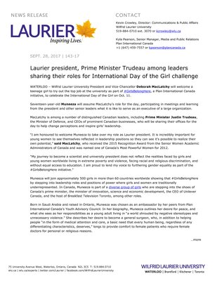 143-2017 : Laurier president, Prime Minister Trudeau among leaders sharing their roles for International Day of the Girl challenge