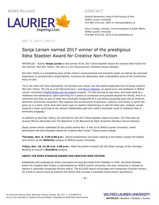 145-2017 : Sonja Larsen named 2017 winner of the prestigious Edna Staebler Award for Creative Non-Fiction