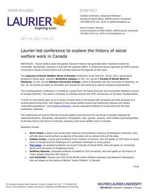 151-2017 : Laurier-led conference to explore the history of social welfare work in Canada