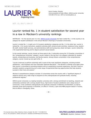 154-2017 : Laurier ranked No. 1 in student satisfaction for second year in a row in Maclean’s university rankings