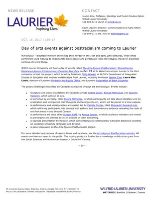 156-2017 : Day of arts events against postracialism coming to Laurier