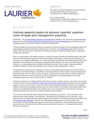 157-2017 : Institute appoints leaders to advance Lazaridis' quantum vision through tech management expertise