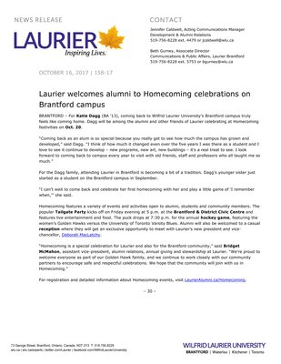 158-2017 : Laurier welcomes alumni to Homecoming celebrations on Brantford campus