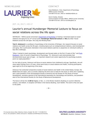 159-2017 : Laurier’s annual Hunsberger Memorial Lecture to focus on social relations across the life span