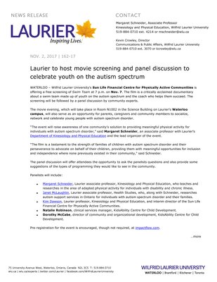162-2017 : Laurier to host movie screening and panel discussion to celebrate youth on the autism spectrum