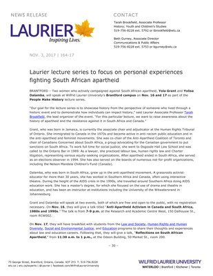 164-2017 : Laurier lecture series to focus on personal experiences fighting South African apartheid
