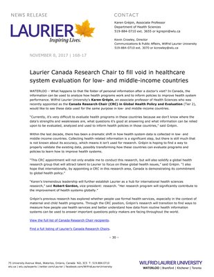 168-2017 : Laurier Canada Research Chair to fill void in healthcare system evaluation for low- and middle-income countries