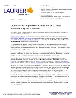 172-2017 : Laurier associate professor named one of 10 most influential Hispanic Canadians