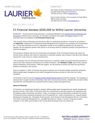 173-2017 : CI Financial donates $500,000 to Wilfrid Laurier University