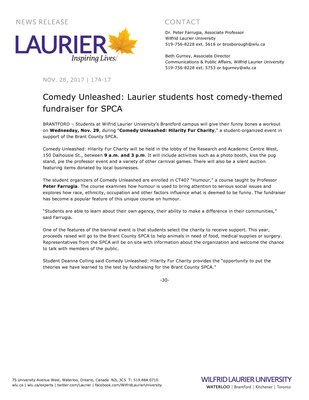 174-2017 : Comedy Unleashed: Laurier students host comedy-themed fundraiser for SPCA