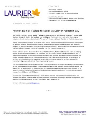 175-2017 : Activist Daniel T’seleie to speak at Laurier research day