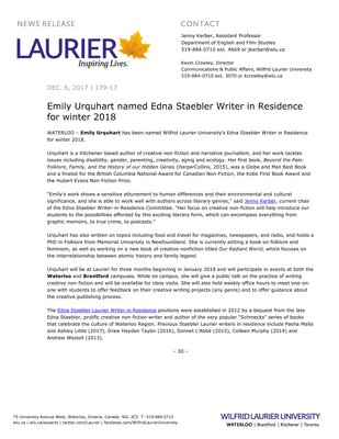 179-2017 : Emily Urquhart named Edna Staebler Writer in Residence for winter 2018