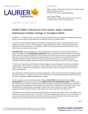 181-2017 : Global Water Futures to fund Laurier water research addressing climate change in Canada’s North