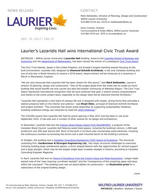 182-2017 : Laurier’s Lazaridis Hall wins international Civic Trust Award