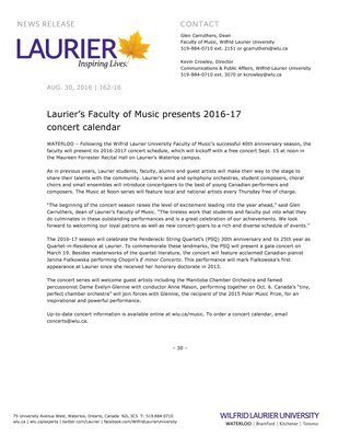 162-2016 : Laurier’s Faculty of Music presents 2016-17 concert calendar