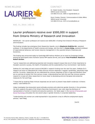 165-2016 : Laurier professors receive over $500,000 in support from Ontario Ministry of Research and Innovation