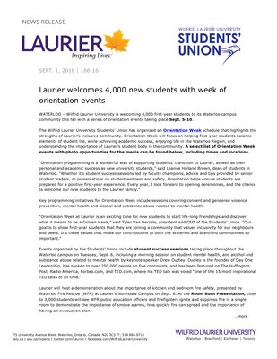 166-2016 : Laurier welcomes 4,000 new students with week of orientation events