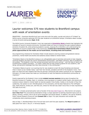 168-2016 : Laurier welcomes 575 new students to Brantford campus with week of orientation events