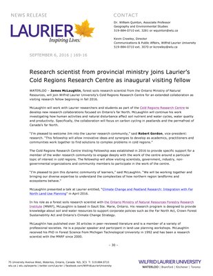 169-2016 : Research scientist from provincial ministry joins Laurier’s Cold Regions Research Centre as inaugural visiting fellow