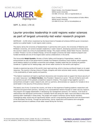 170-2016 : Laurier provides leadership in cold regions water sciences as part of largest university-led water research program