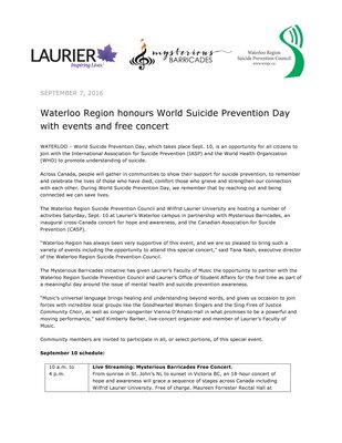 172-2016 : Waterloo Region honours World Suicide Prevention Day with events and free concert