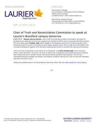 182-2016 : Chair of Truth and Reconciliation Commission to speak at Laurier’s Brantford campus tomorrow