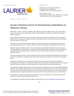 183-2016 : Laurier welcomes alumni to Homecoming celebrations on Waterloo campus