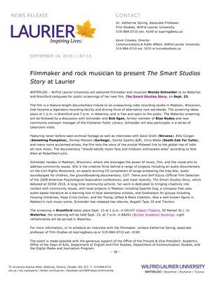 187-2016 : Filmmaker and rock musician to present The Smart Studios Story at Laurier