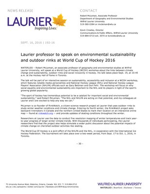 192-2016 : Laurier professor to speak on environmental sustainability and outdoor rinks at World Cup of Hockey 2016