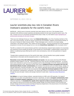 202-2016 : Laurier scientists play key role in Canadian Rivers Institute’s solutions for the world’s rivers