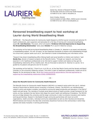 203-2016 : Renowned breastfeeding expert to host workshop at Laurier during World Breastfeeding Week