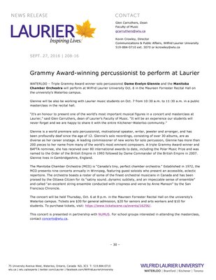 208-2016 : Grammy Award-winning percussionist to perform at Laurier