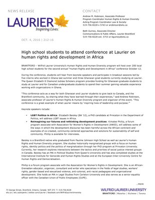 212-2016 : High school students to attend conference at Laurier on human rights and development in Africa