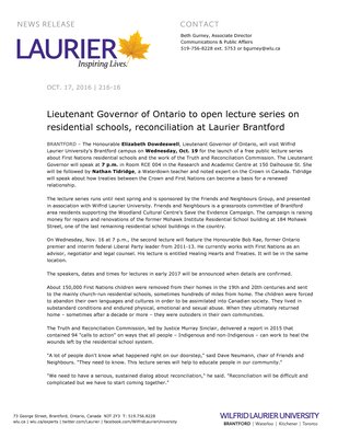 216-2016 : Lieutenant Governor of Ontario to open lecture series on residential schools, reconciliation at Laurier Brantford